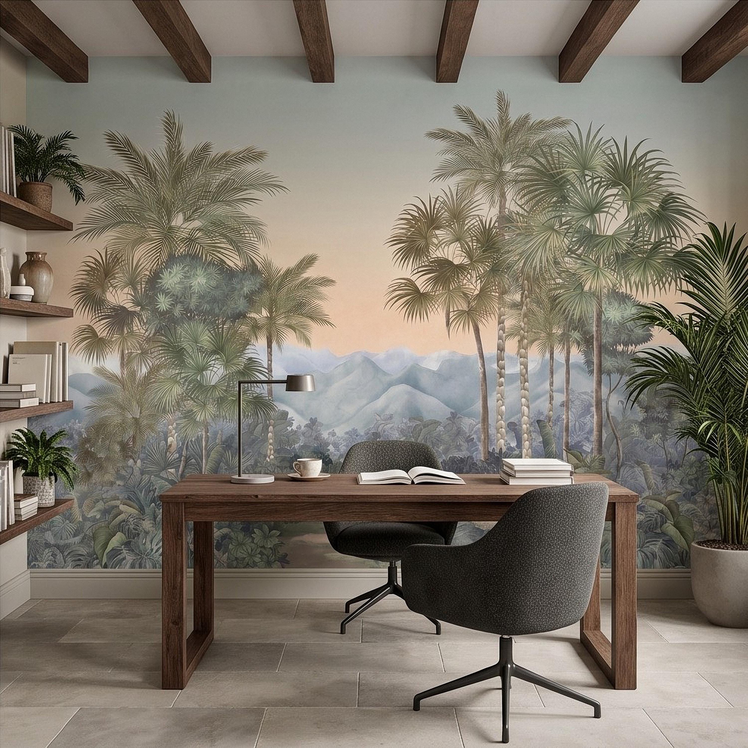 Tropical Palm Landscape Peel and Stick Wall Mural, Misty Jungle Mountains Botanical Scenic Nature Wallpaper