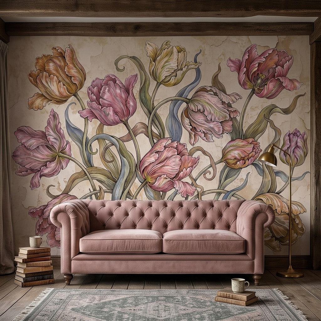 Vintage Parrot Tulip Peel and Stick Wall Mural, Antique Botanical Floral Hand Drawn Distressed Plaster Wallpaper