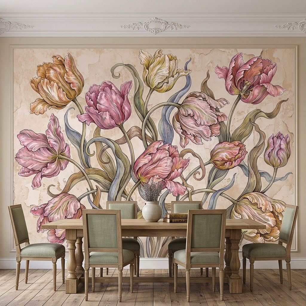 Vintage Parrot Tulip Peel and Stick Wall Mural, Antique Botanical Floral Hand Drawn Distressed Plaster Wallpaper