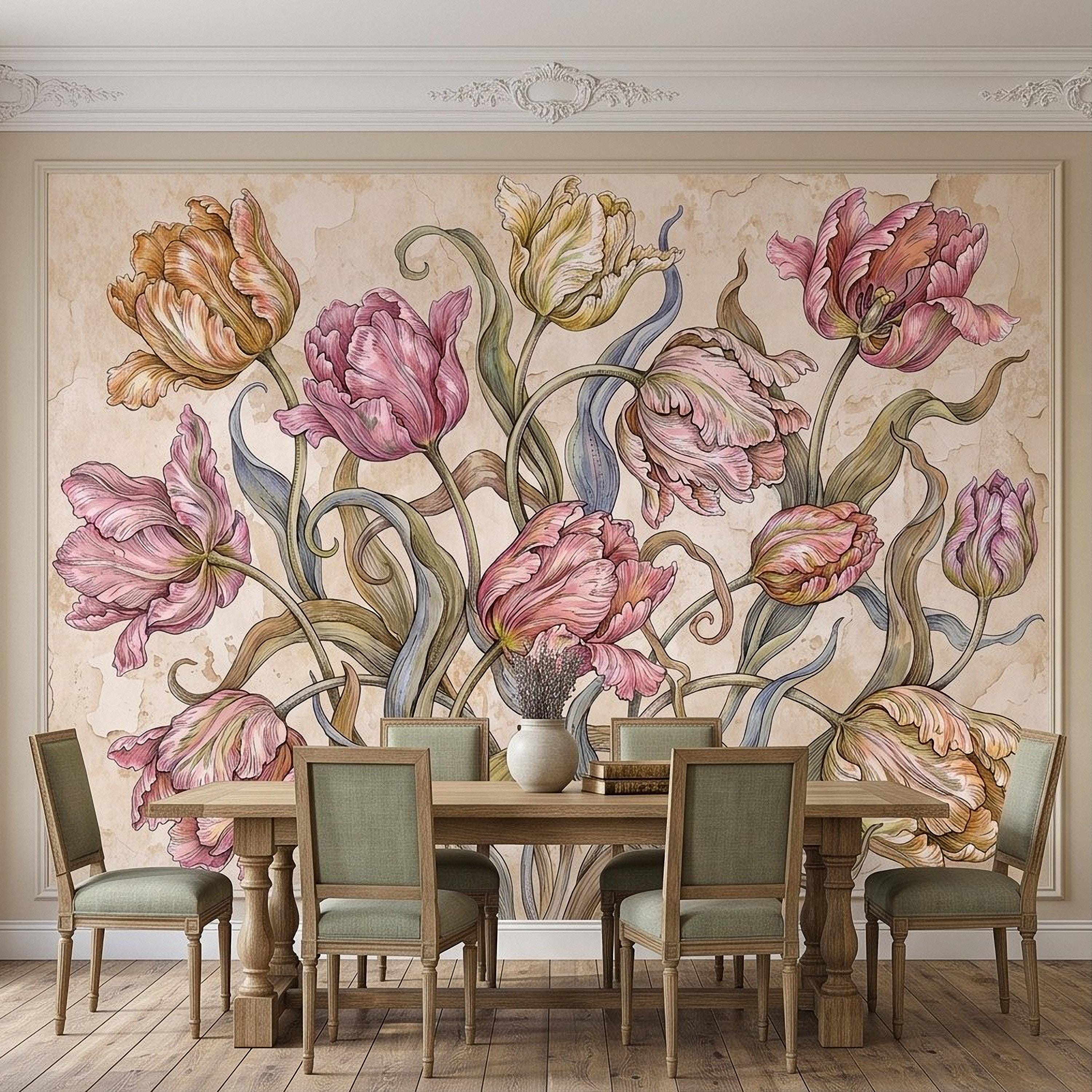 Vintage Parrot Tulip Peel and Stick Wall Mural, Antique Botanical Floral Hand Drawn Distressed Plaster Wallpaper