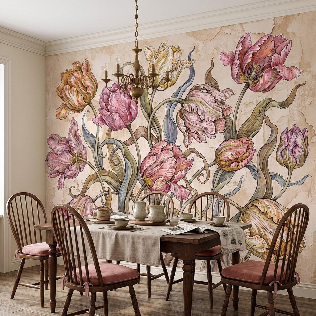 Vintage Parrot Tulip Peel and Stick Wall Mural, Antique Botanical Floral Hand Drawn Distressed Plaster Wallpaper