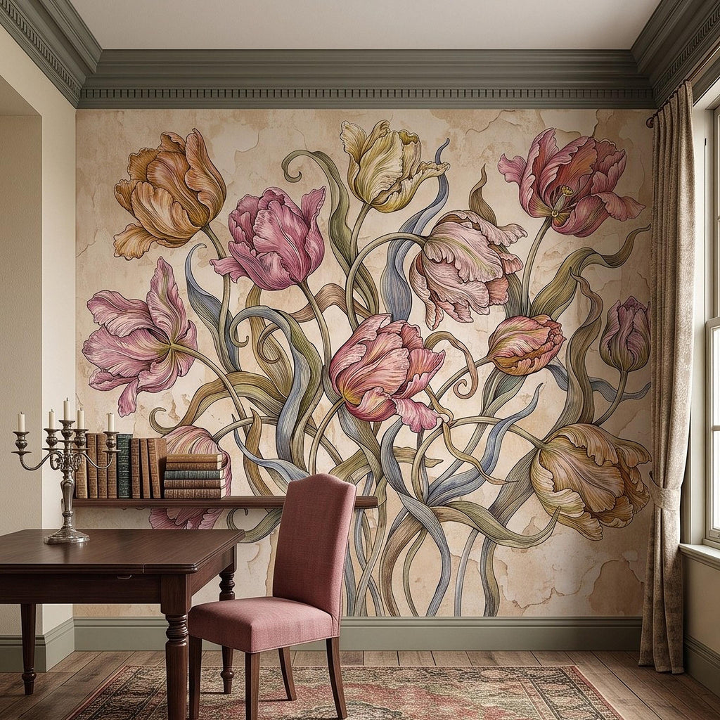Vintage Parrot Tulip Peel and Stick Wall Mural, Antique Botanical Floral Hand Drawn Distressed Plaster Wallpaper