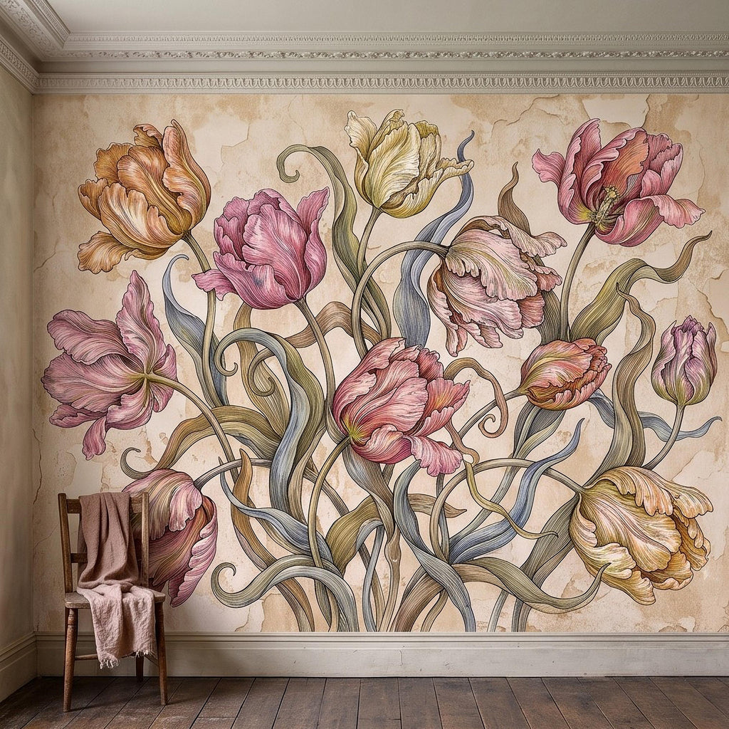 Vintage Parrot Tulip Peel and Stick Wall Mural, Antique Botanical Floral Hand Drawn Distressed Plaster Wallpaper