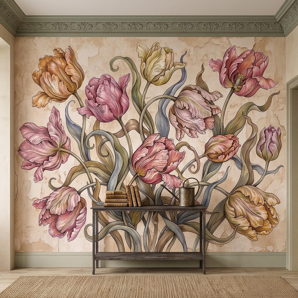 Vintage Parrot Tulip Peel and Stick Wall Mural, Antique Botanical Floral Hand Drawn Distressed Plaster Wallpaper