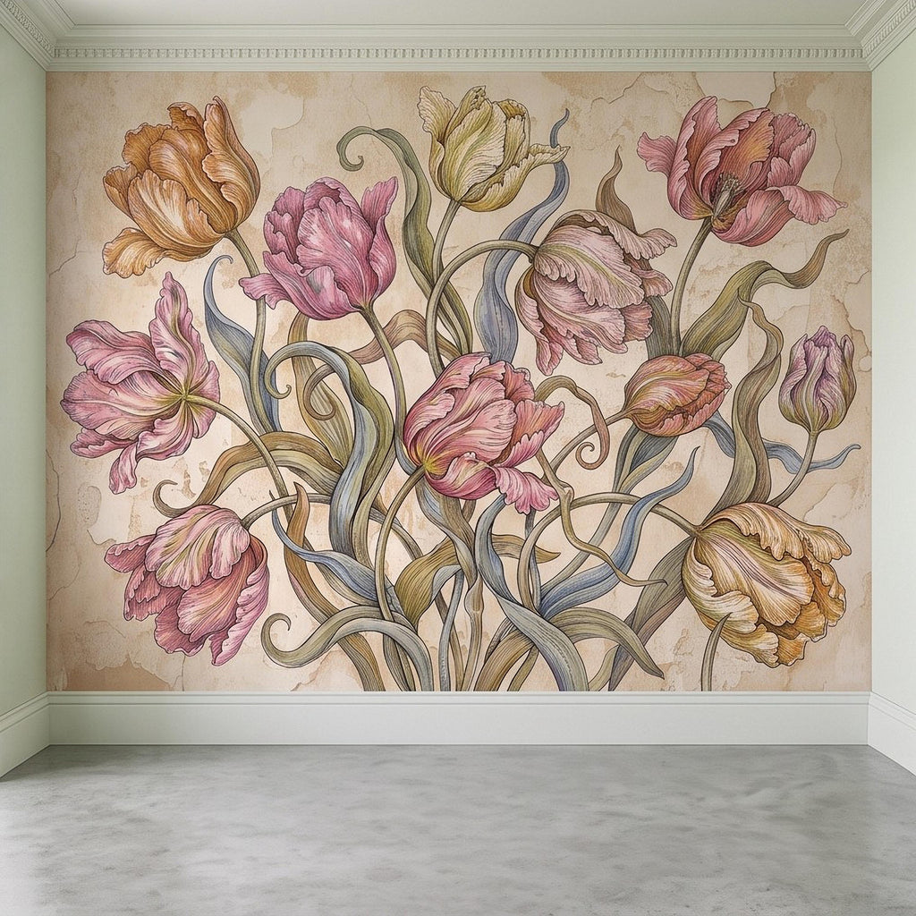 Vintage Parrot Tulip Peel and Stick Wall Mural, Antique Botanical Floral Hand Drawn Distressed Plaster Wallpaper