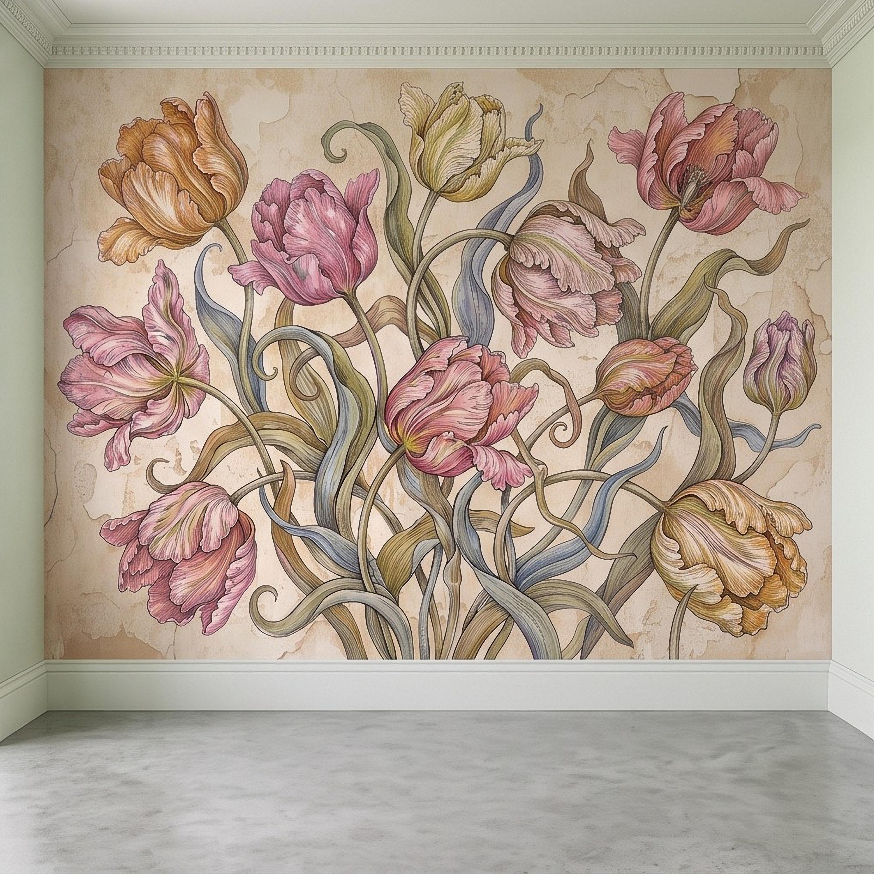 Vintage Parrot Tulip Peel and Stick Wall Mural, Antique Botanical Floral Hand Drawn Distressed Plaster Wallpaper