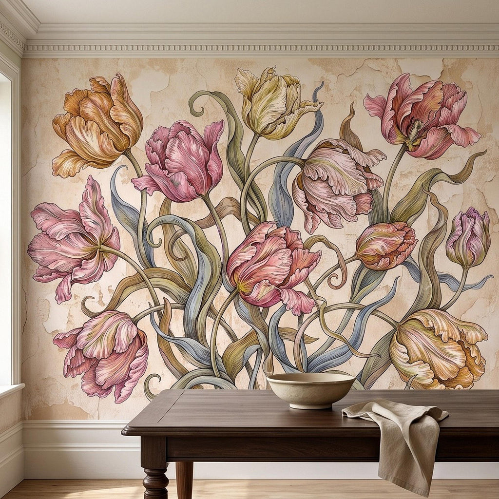 Vintage Parrot Tulip Peel and Stick Wall Mural, Antique Botanical Floral Hand Drawn Distressed Plaster Wallpaper