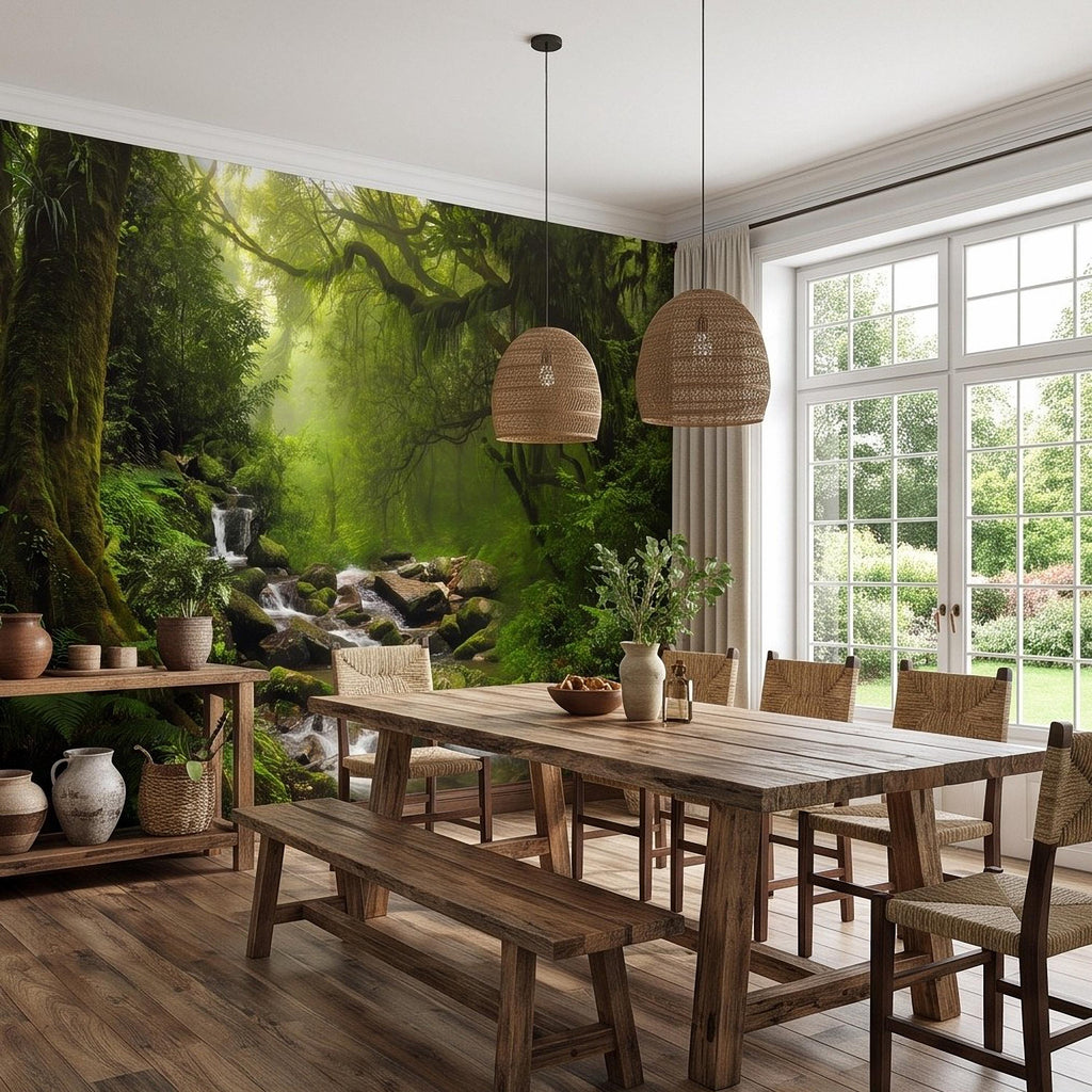 Rainforest Waterfall Peel and Stick Wall Mural, Tropical Forest Stream Lush Jungle Landscape Wallpaper