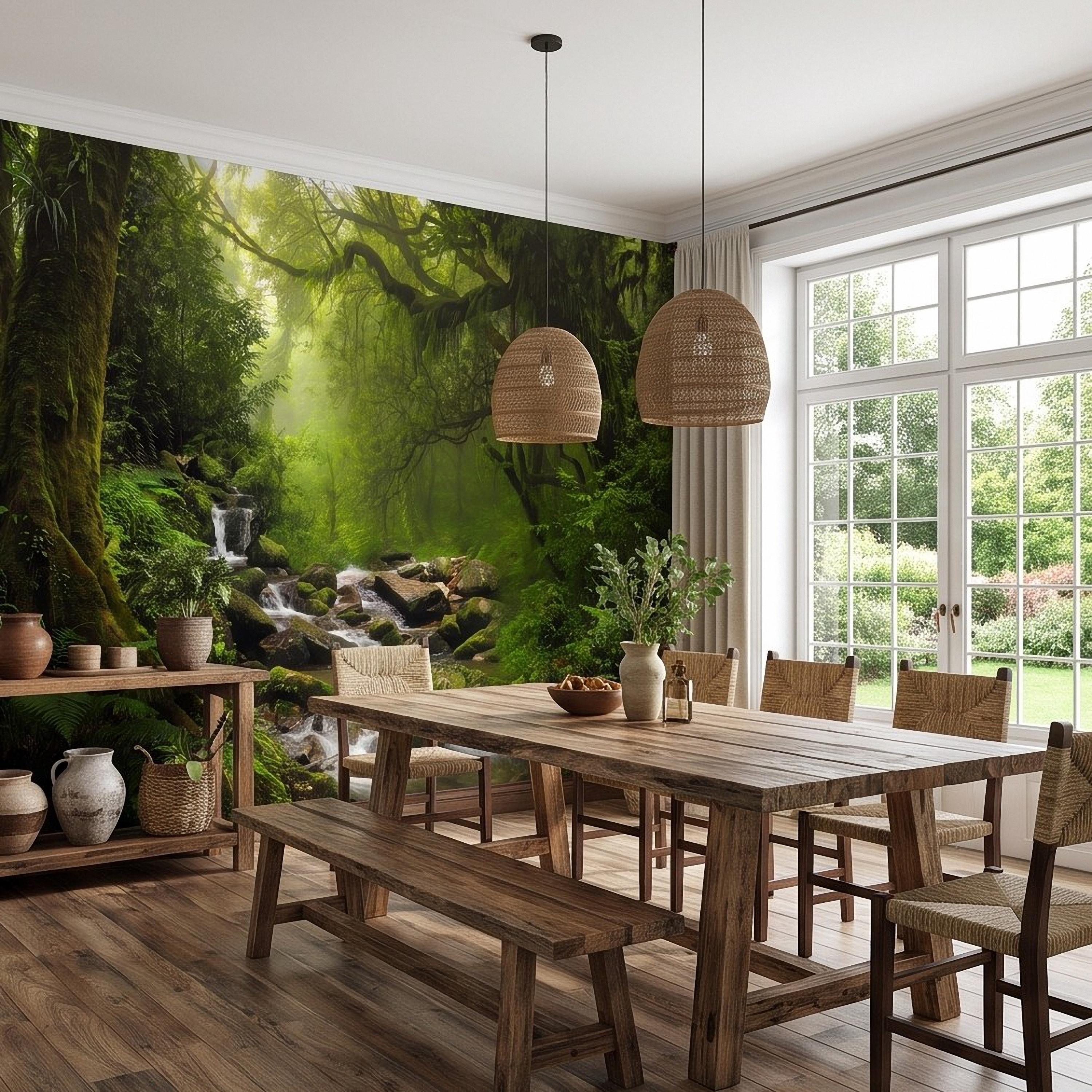 Rainforest Waterfall Peel and Stick Wall Mural, Tropical Forest Stream Lush Jungle Landscape Wallpaper