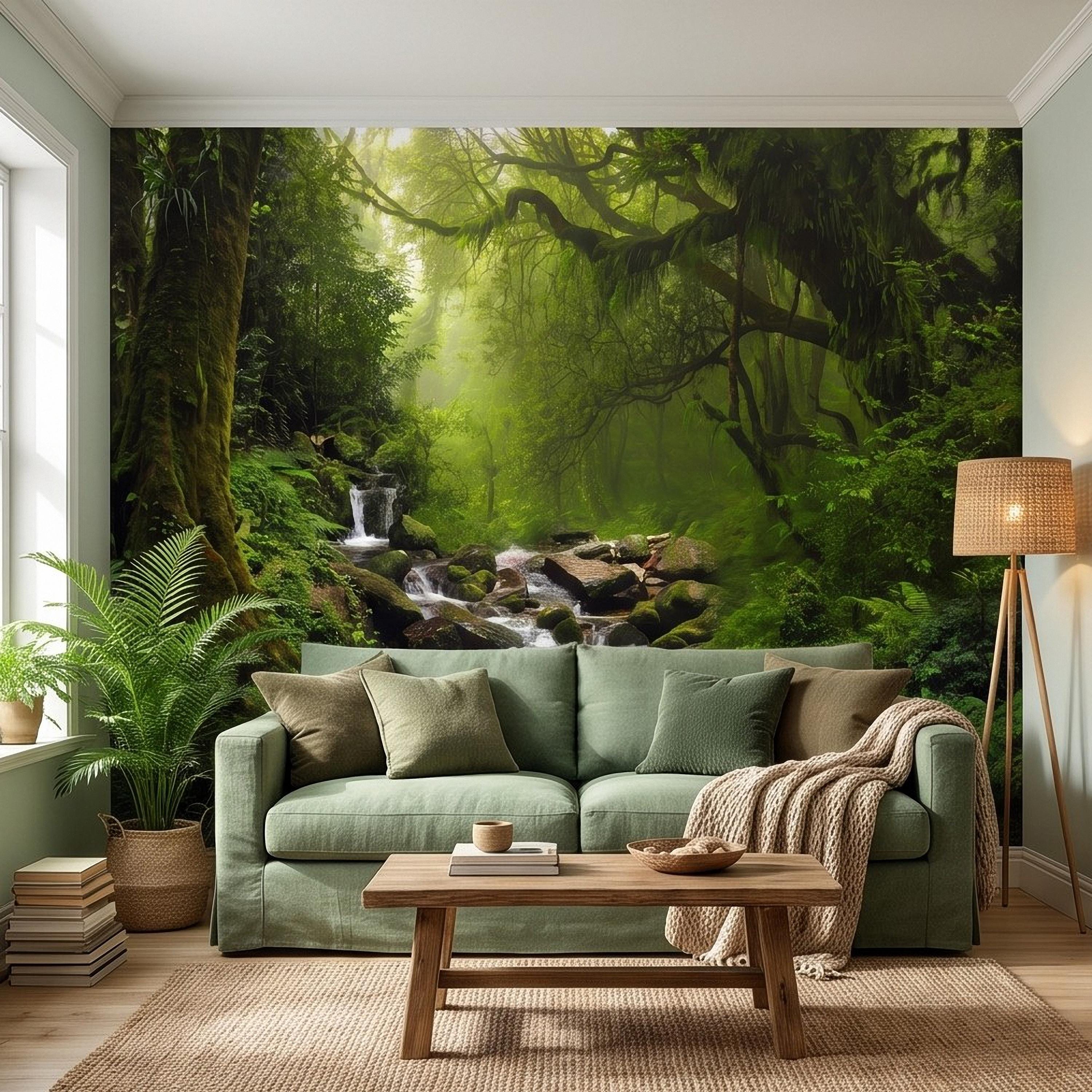 Rainforest Waterfall Peel and Stick Wall Mural, Tropical Forest Stream Lush Jungle Landscape Wallpaper