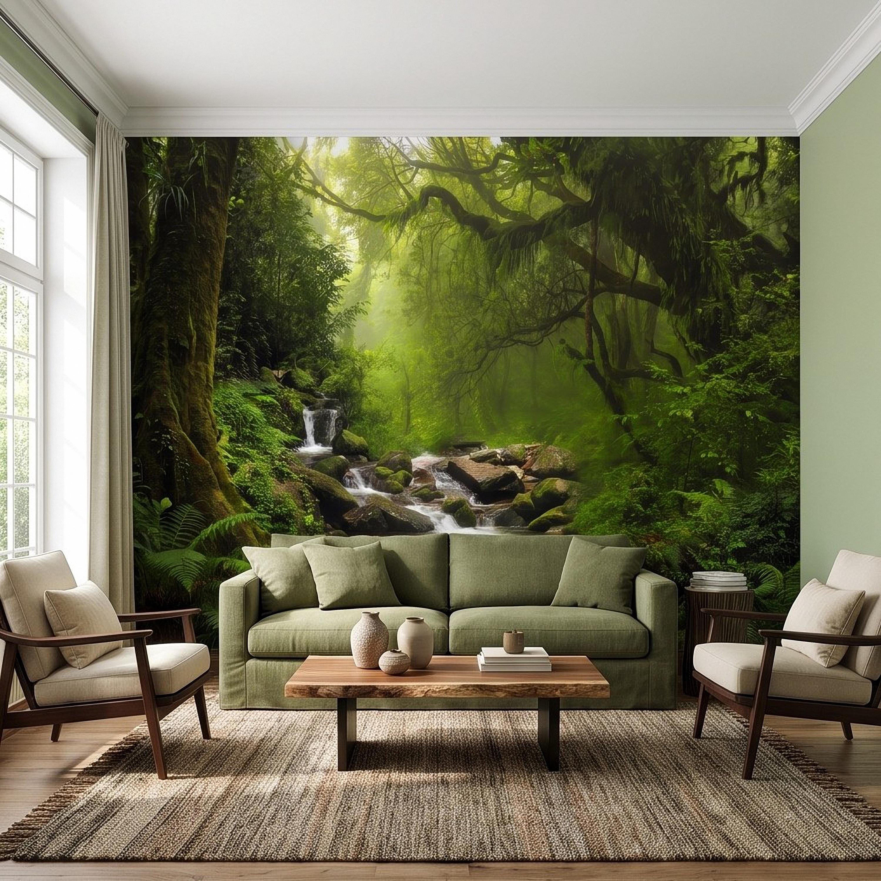 Rainforest Waterfall Peel and Stick Wall Mural, Tropical Forest Stream Lush Jungle Landscape Wallpaper