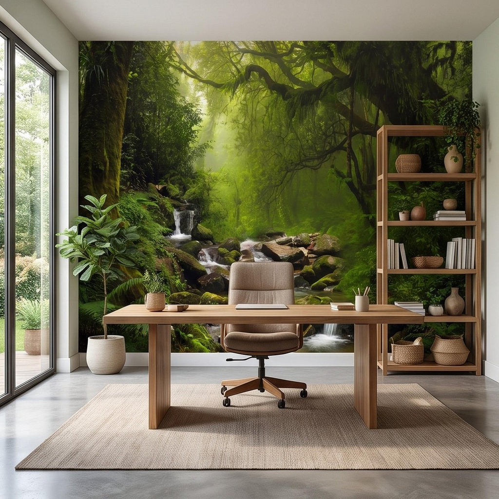 Rainforest Waterfall Peel and Stick Wall Mural, Tropical Forest Stream Lush Jungle Landscape Wallpaper