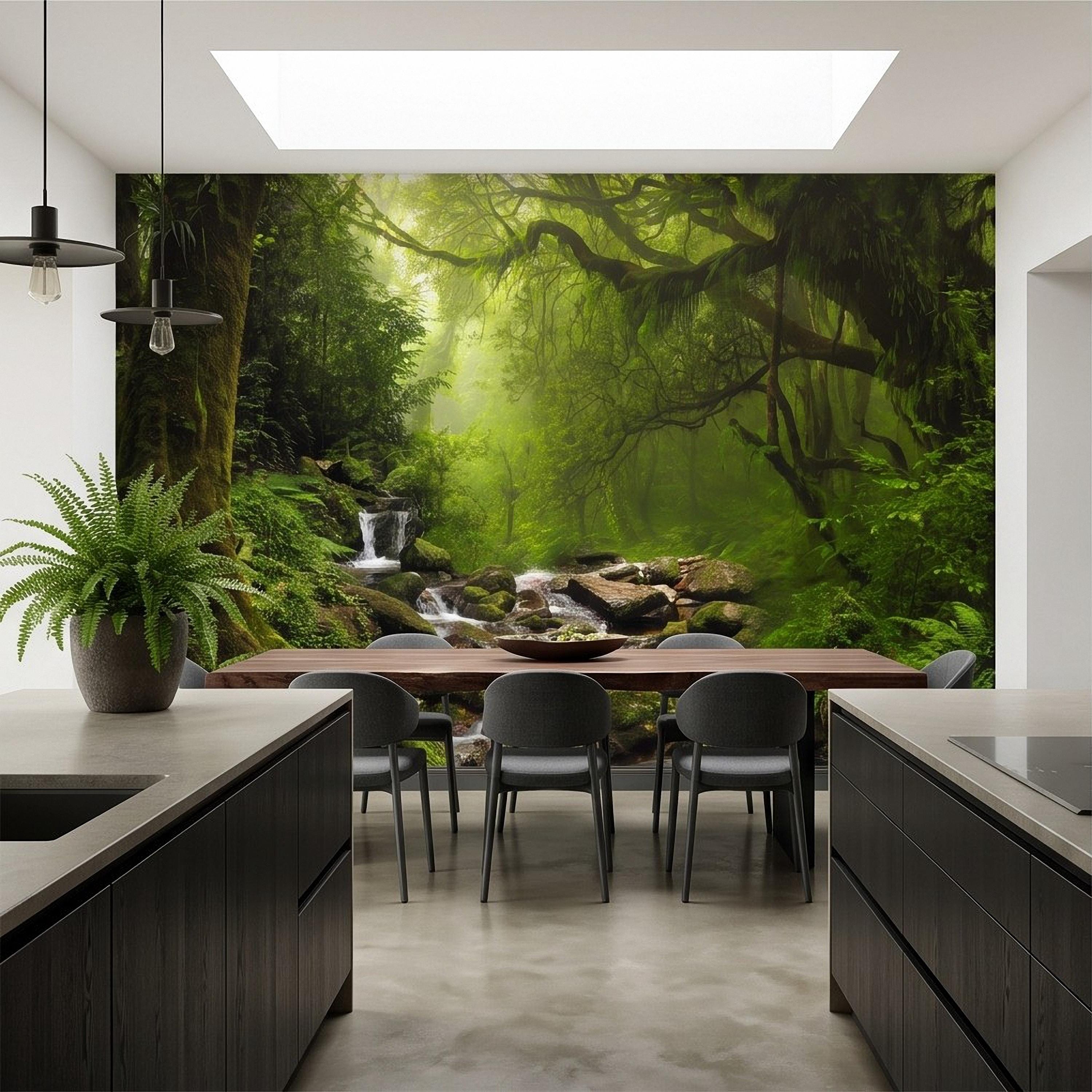 Rainforest Waterfall Peel and Stick Wall Mural, Tropical Forest Stream Lush Jungle Landscape Wallpaper