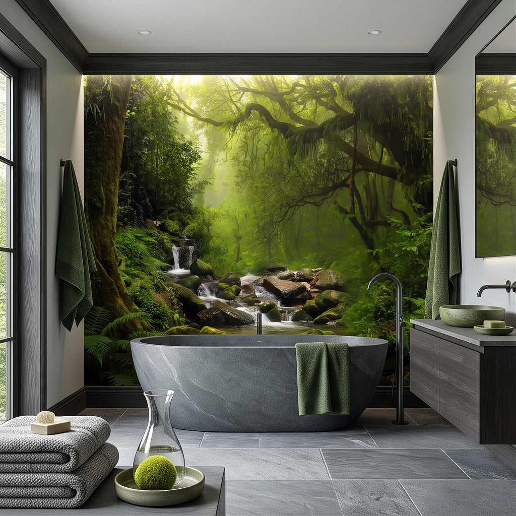 Rainforest Waterfall Peel and Stick Wall Mural, Tropical Forest Stream Lush Jungle Landscape Wallpaper