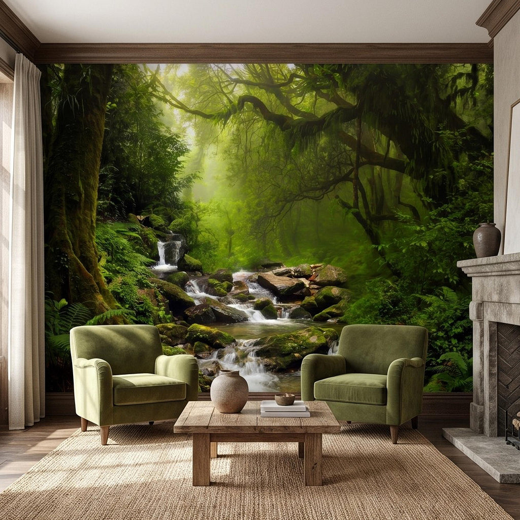 Rainforest Waterfall Peel and Stick Wall Mural, Tropical Forest Stream Lush Jungle Landscape Wallpaper