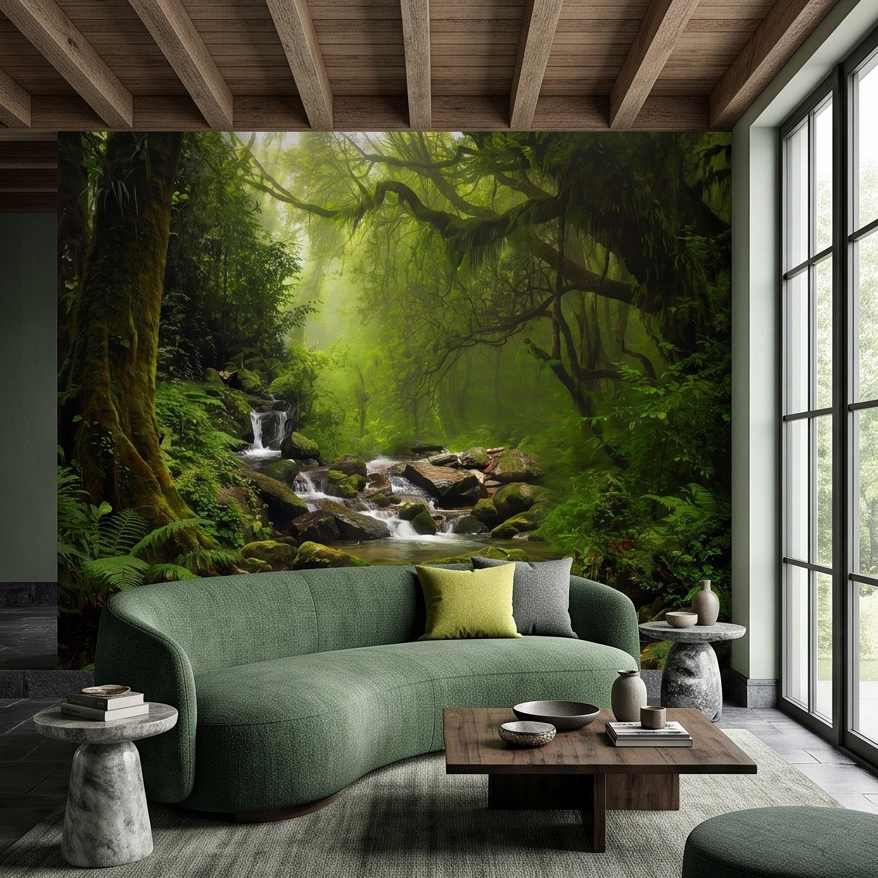 Rainforest Waterfall Peel and Stick Wall Mural, Tropical Forest Stream Lush Jungle Landscape Wallpaper