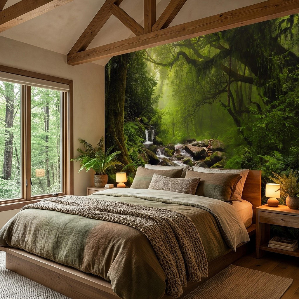 Rainforest Waterfall Peel and Stick Wall Mural, Tropical Forest Stream Lush Jungle Landscape Wallpaper