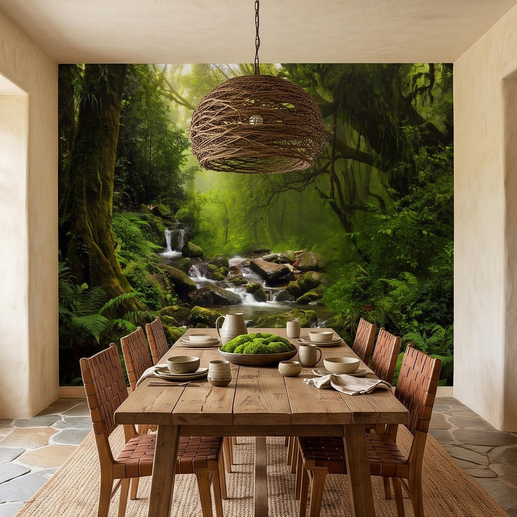 Rainforest Waterfall Peel and Stick Wall Mural, Tropical Forest Stream Lush Jungle Landscape Wallpaper