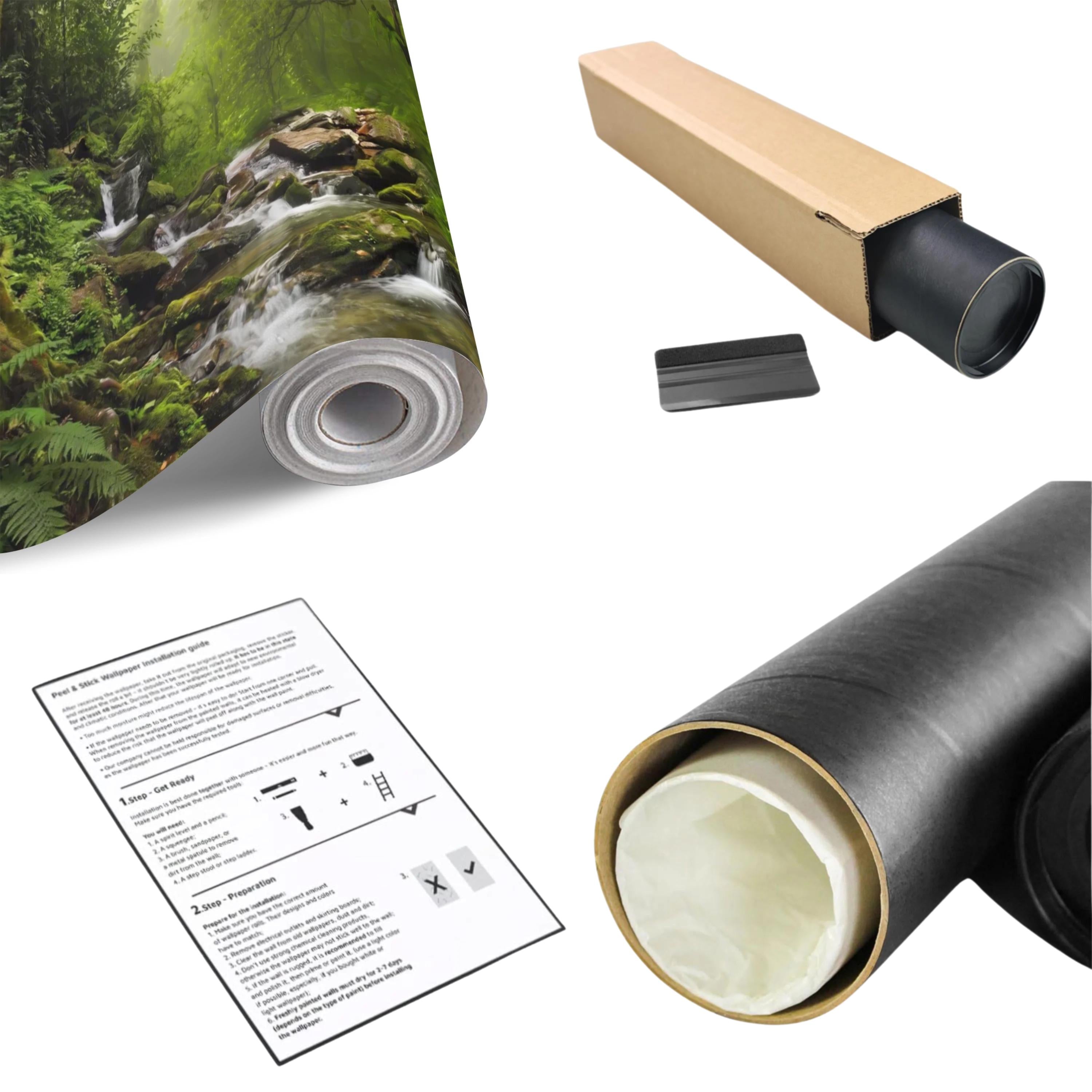 Rainforest Waterfall Peel and Stick Wall Mural, Tropical Forest Stream Lush Jungle Landscape Wallpaper