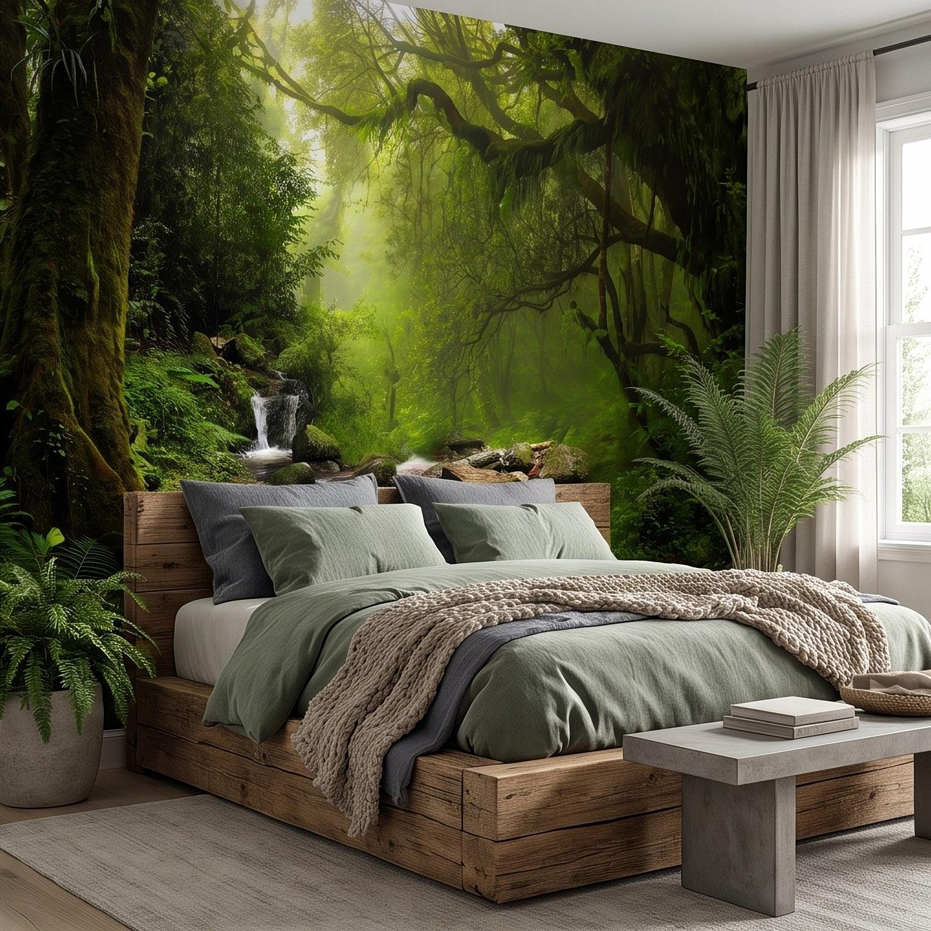 Rainforest Waterfall Peel and Stick Wall Mural, Tropical Forest Stream Lush Jungle Landscape Wallpaper