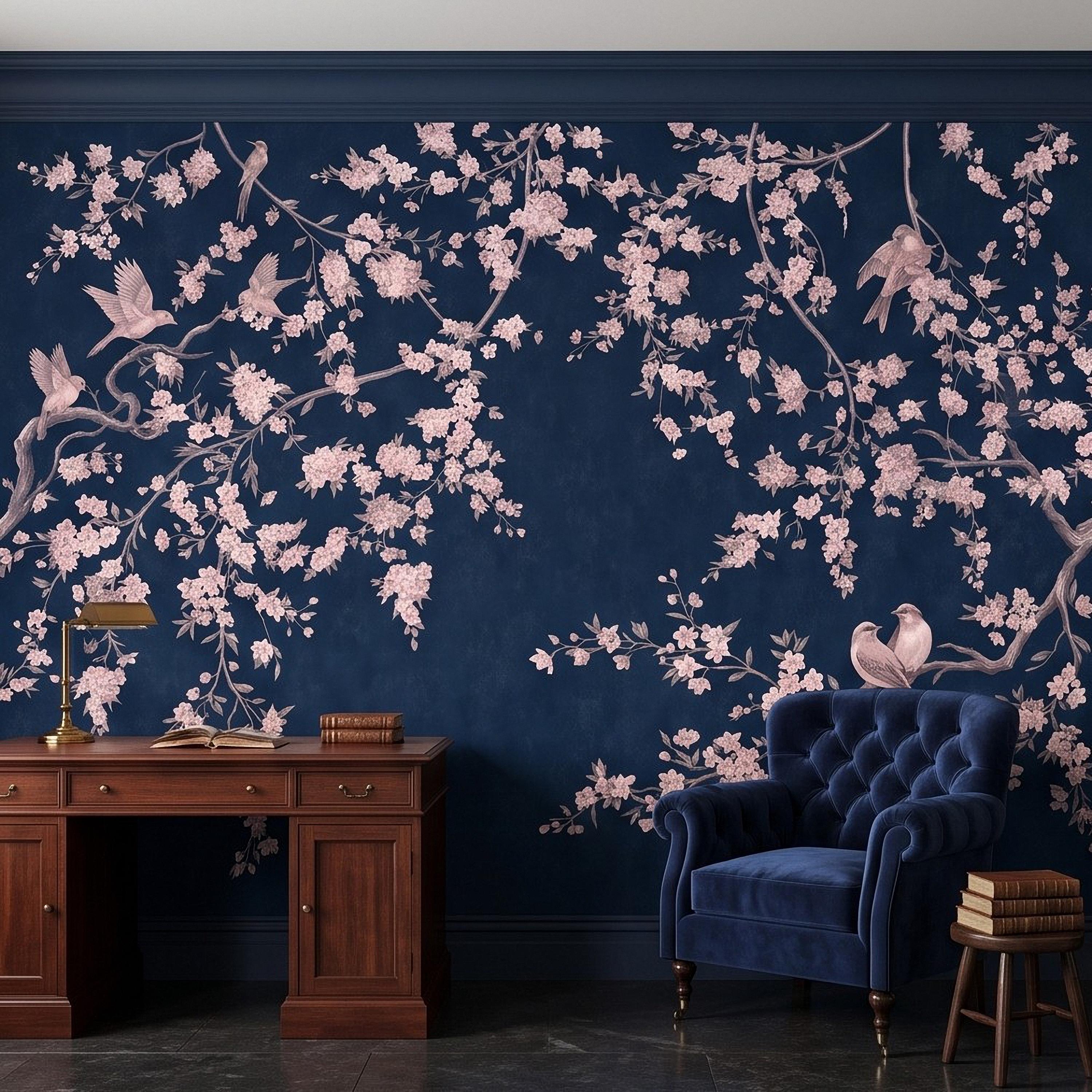 Cherry Blossom Peel and Stick Wall Mural, Pink Sakura Branches Birds Navy Blue Oriental Botanical Wallpaper