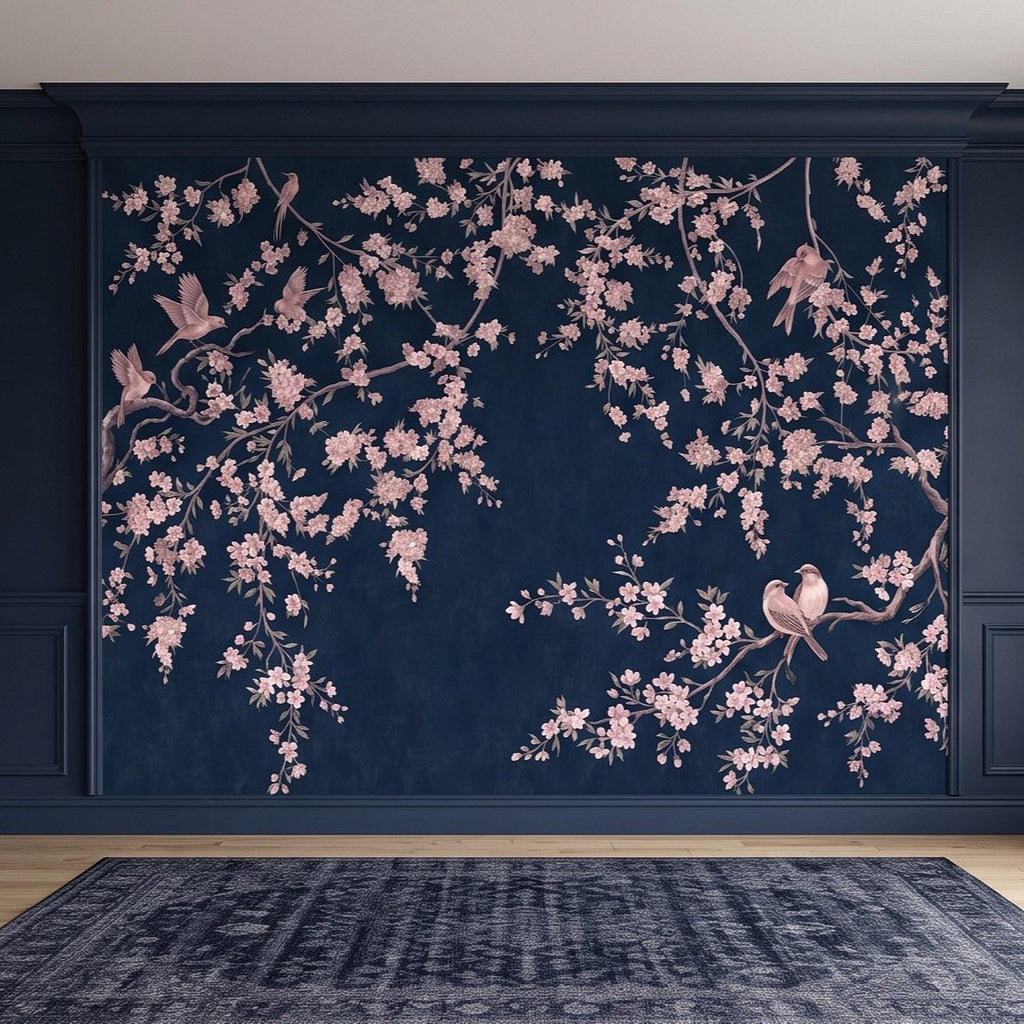 Cherry Blossom Peel and Stick Wall Mural, Pink Sakura Branches Birds Navy Blue Oriental Botanical Wallpaper