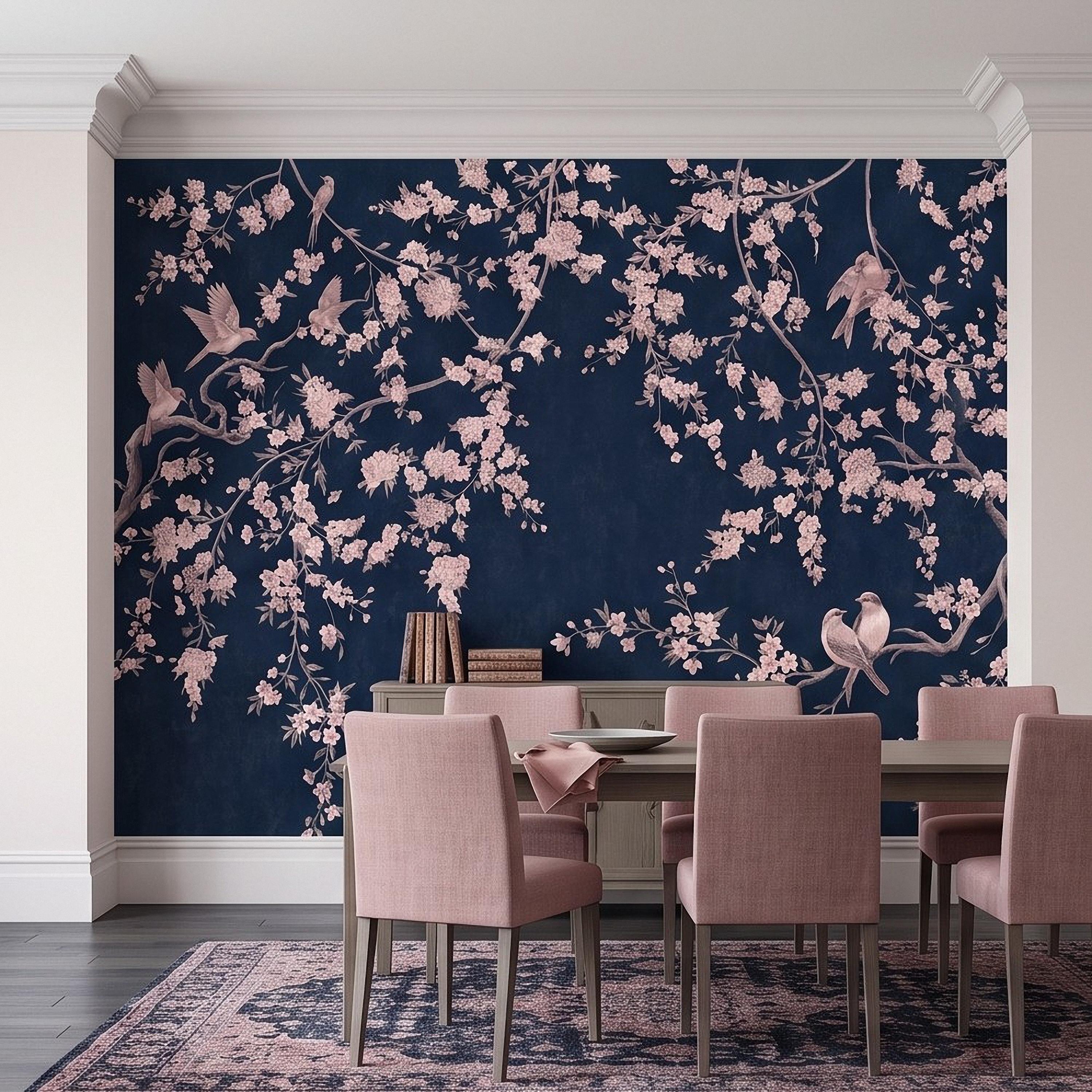 Cherry Blossom Peel and Stick Wall Mural, Pink Sakura Branches Birds Navy Blue Oriental Botanical Wallpaper