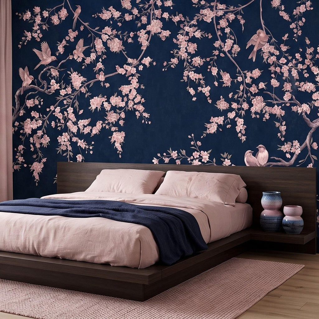 Cherry Blossom Peel and Stick Wall Mural, Pink Sakura Branches Birds Navy Blue Oriental Botanical Wallpaper
