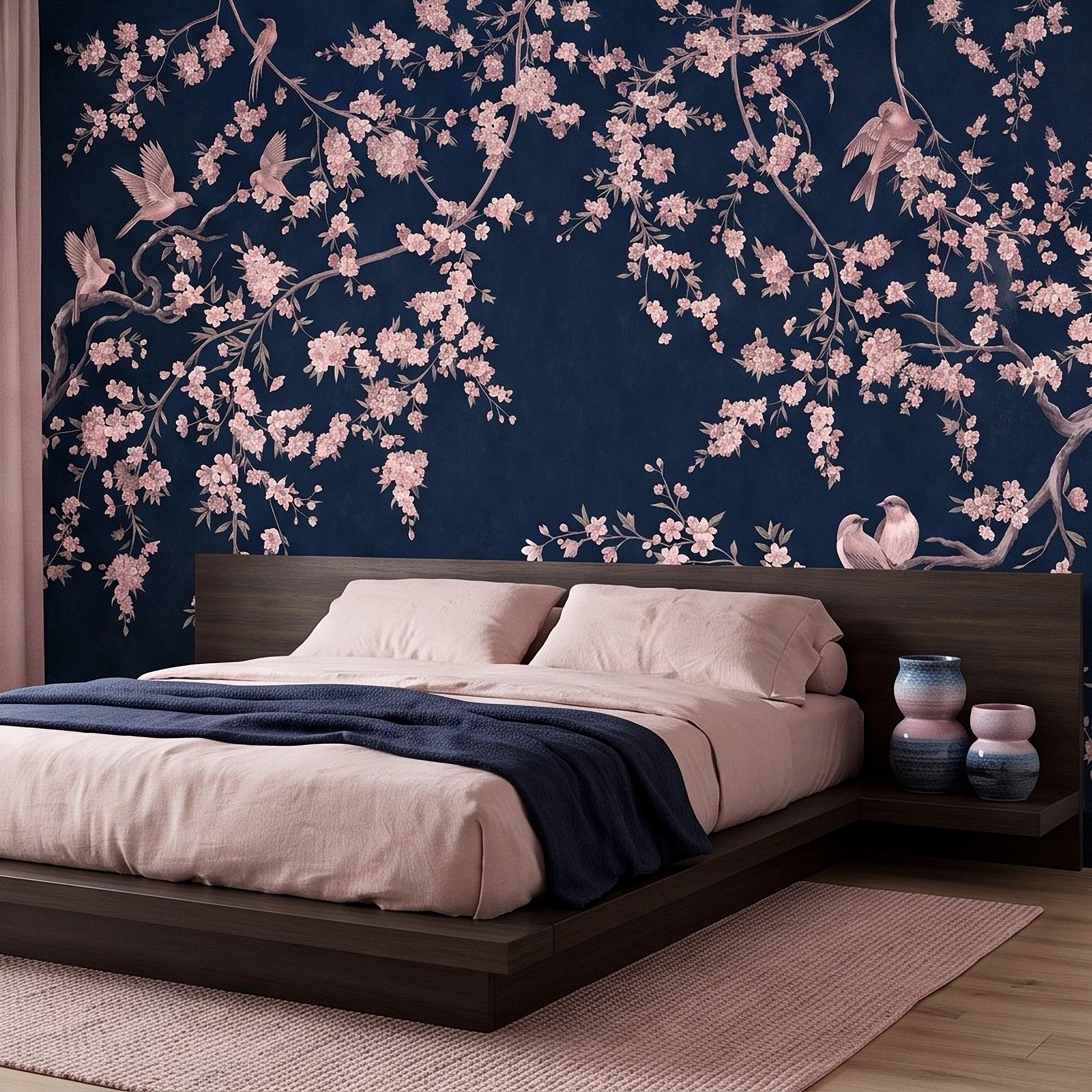 Cherry Blossom Peel and Stick Wall Mural, Pink Sakura Branches Birds Navy Blue Oriental Botanical Wallpaper