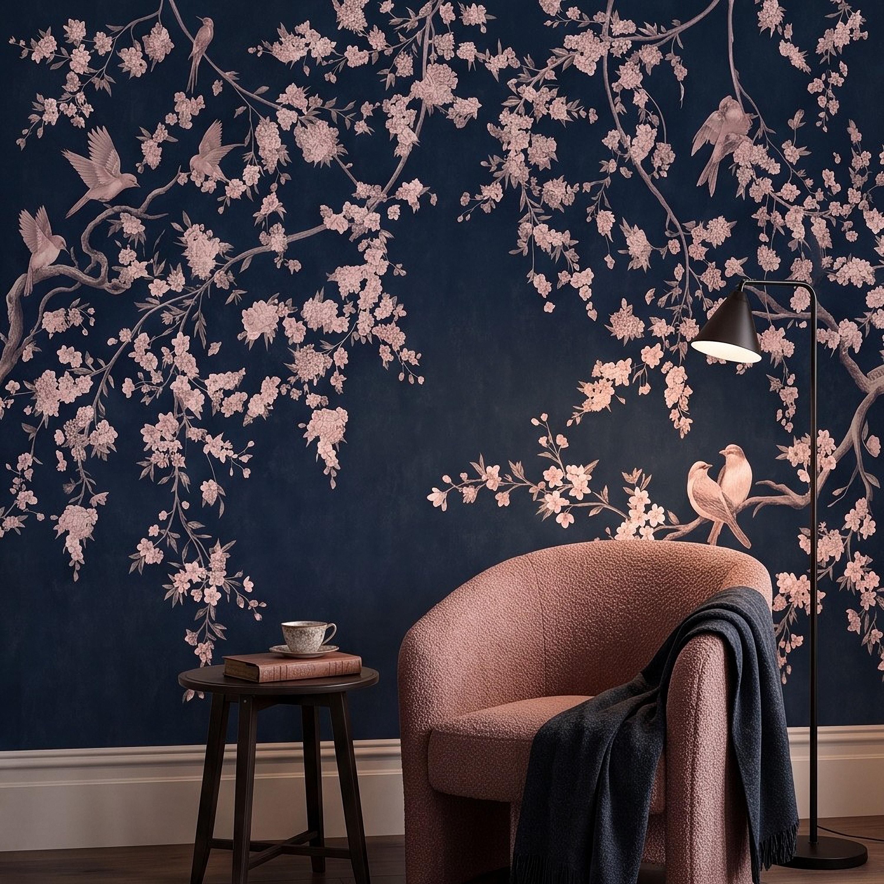 Cherry Blossom Peel and Stick Wall Mural, Pink Sakura Branches Birds Navy Blue Oriental Botanical Wallpaper