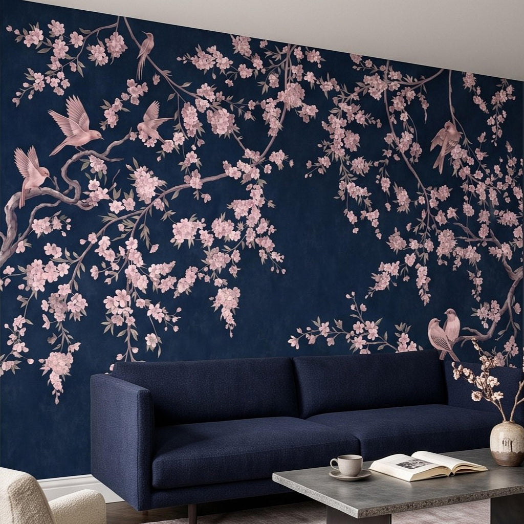 Cherry Blossom Peel and Stick Wall Mural, Pink Sakura Branches Birds Navy Blue Oriental Botanical Wallpaper