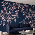 Cherry Blossom Peel and Stick Wall Mural, Pink Sakura Branches Birds Navy Blue Oriental Botanical Wallpaper