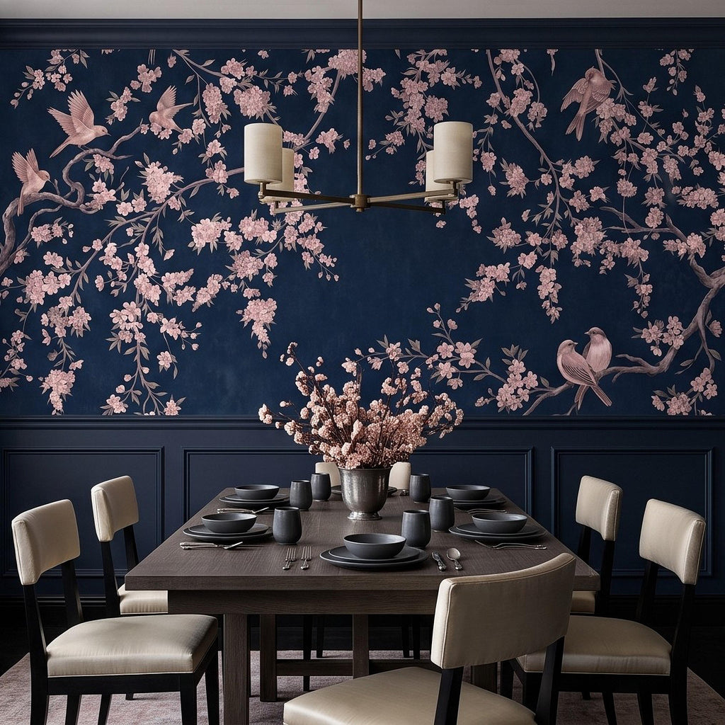 Cherry Blossom Peel and Stick Wall Mural, Pink Sakura Branches Birds Navy Blue Oriental Botanical Wallpaper