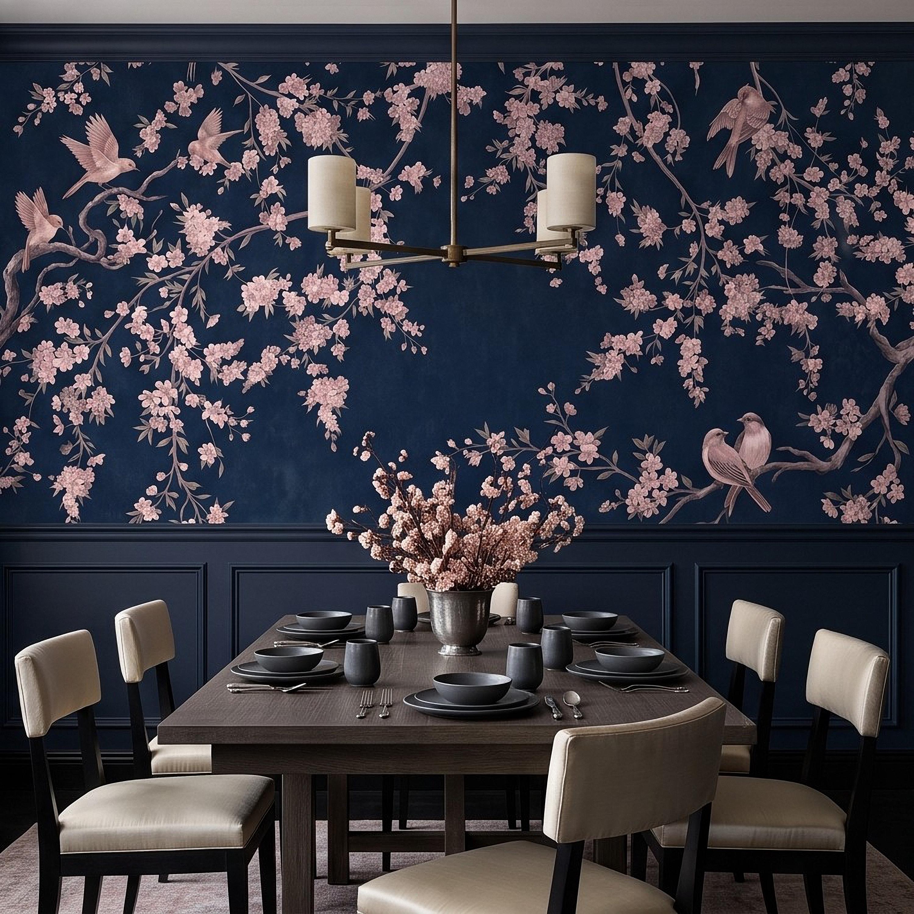 Cherry Blossom Peel and Stick Wall Mural, Pink Sakura Branches Birds Navy Blue Oriental Botanical Wallpaper