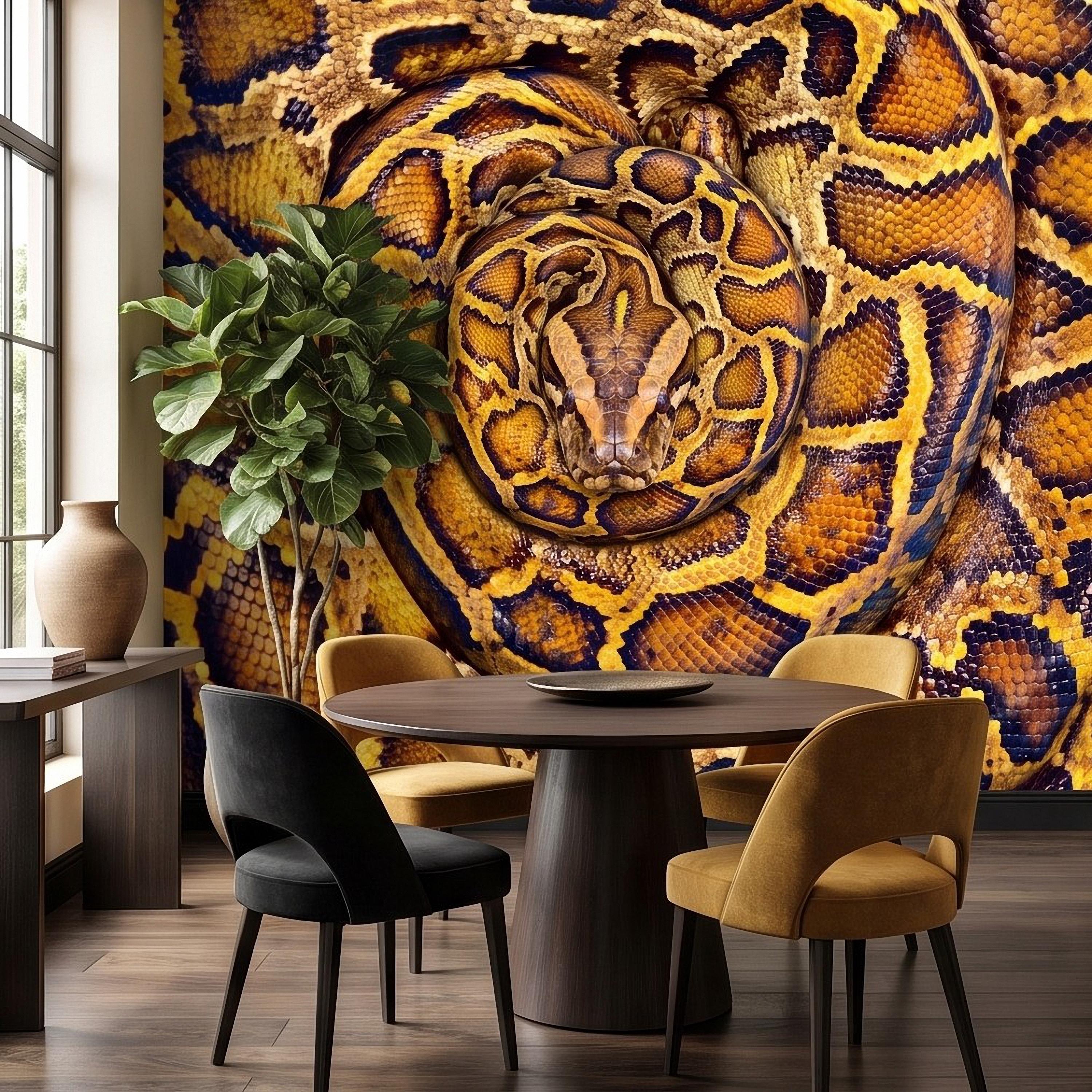 Ball Python Peel and Stick Wall Mural, Coiled Snake Portrait Exotic Reptile Skin Texture Wildlife Wallpaper