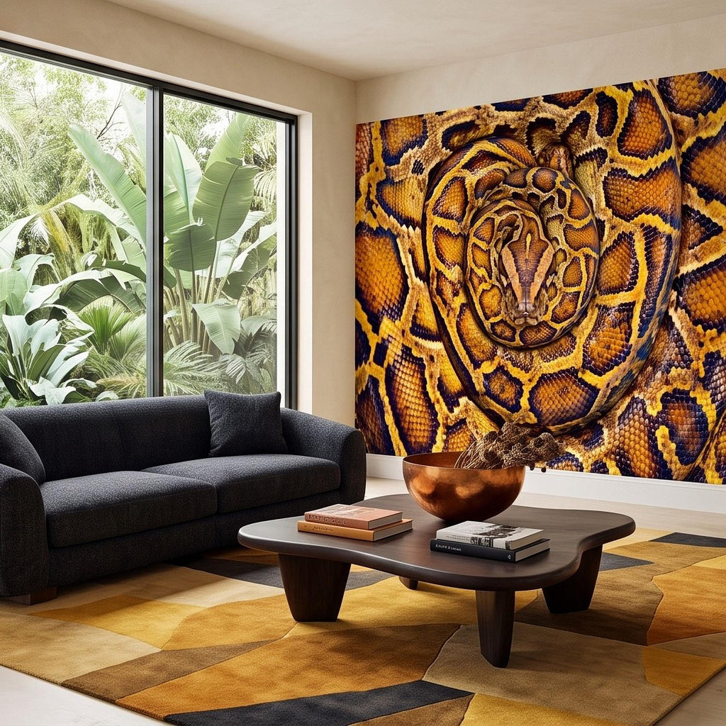 Ball Python Peel and Stick Wall Mural, Coiled Snake Portrait Exotic Reptile Skin Texture Wildlife Wallpaper
