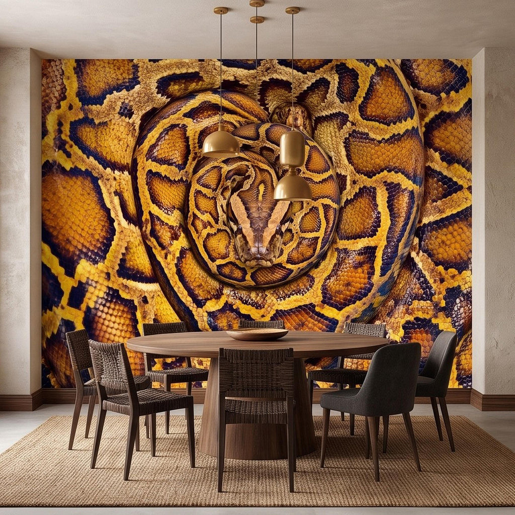 Ball Python Peel and Stick Wall Mural, Coiled Snake Portrait Exotic Reptile Skin Texture Wildlife Wallpaper