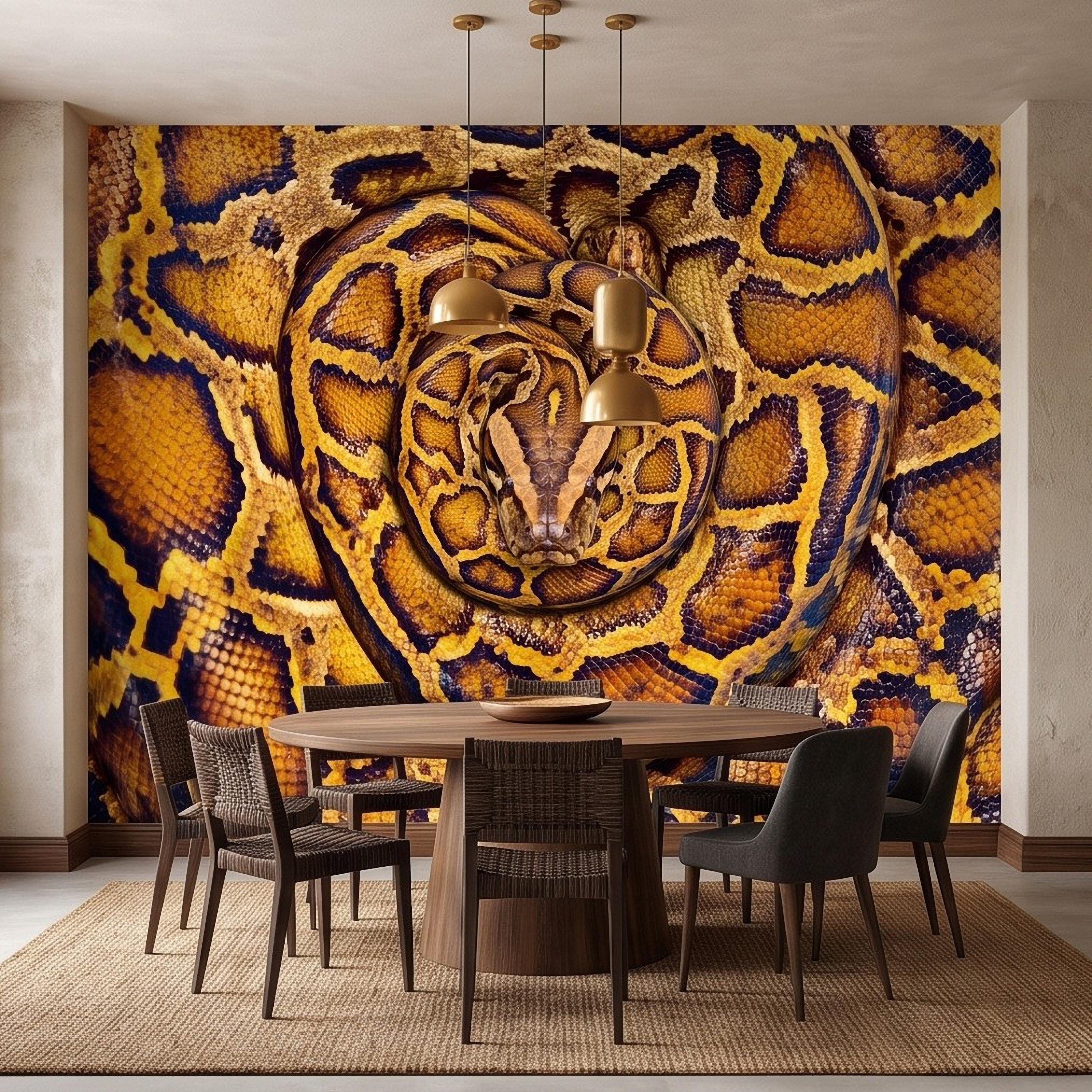 Ball Python Peel and Stick Wall Mural, Coiled Snake Portrait Exotic Reptile Skin Texture Wildlife Wallpaper