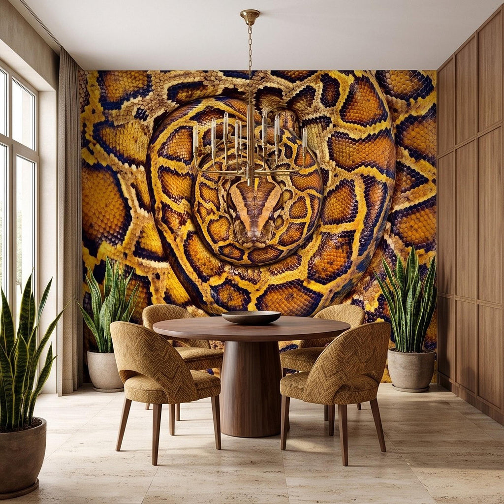 Ball Python Peel and Stick Wall Mural, Coiled Snake Portrait Exotic Reptile Skin Texture Wildlife Wallpaper