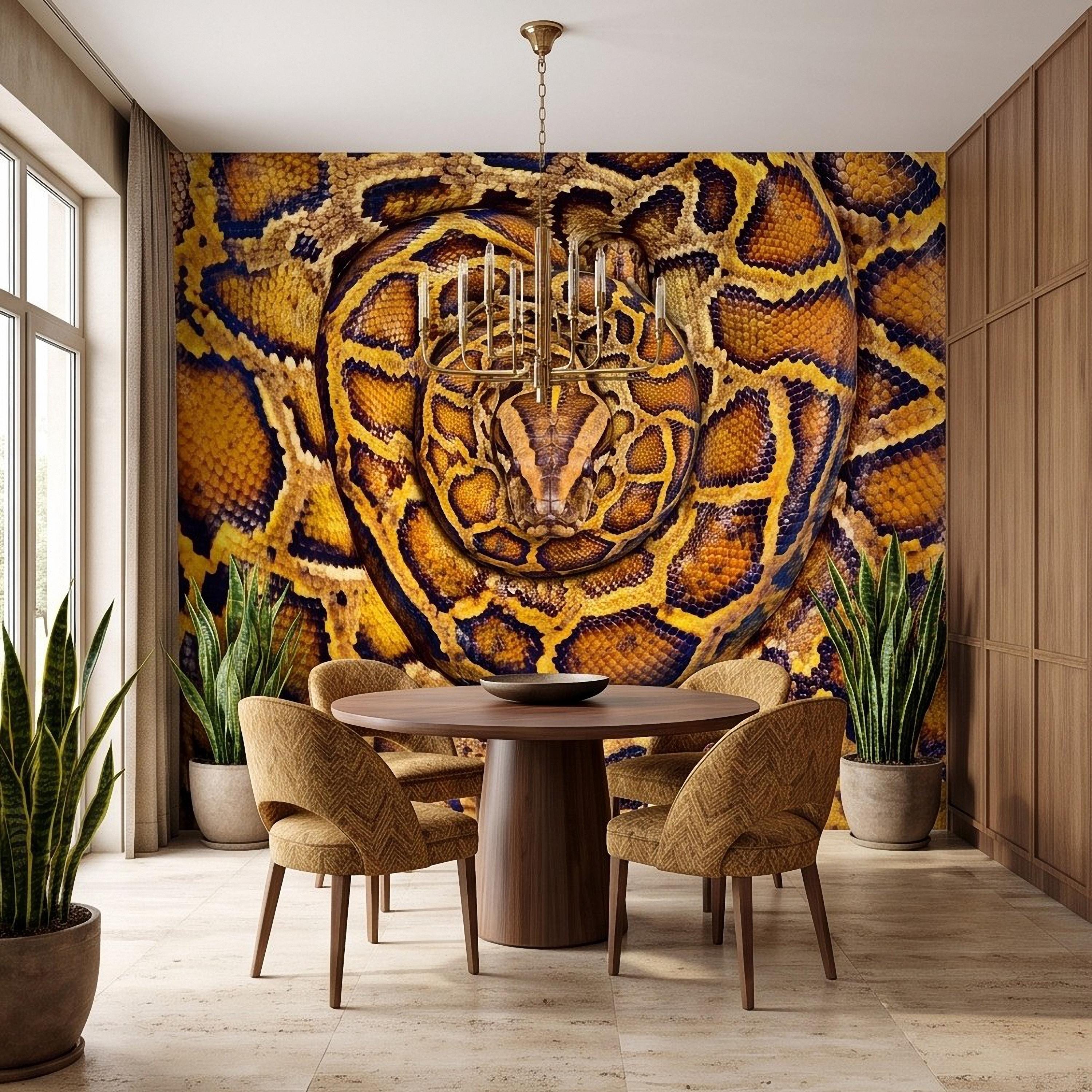 Ball Python Peel and Stick Wall Mural, Coiled Snake Portrait Exotic Reptile Skin Texture Wildlife Wallpaper