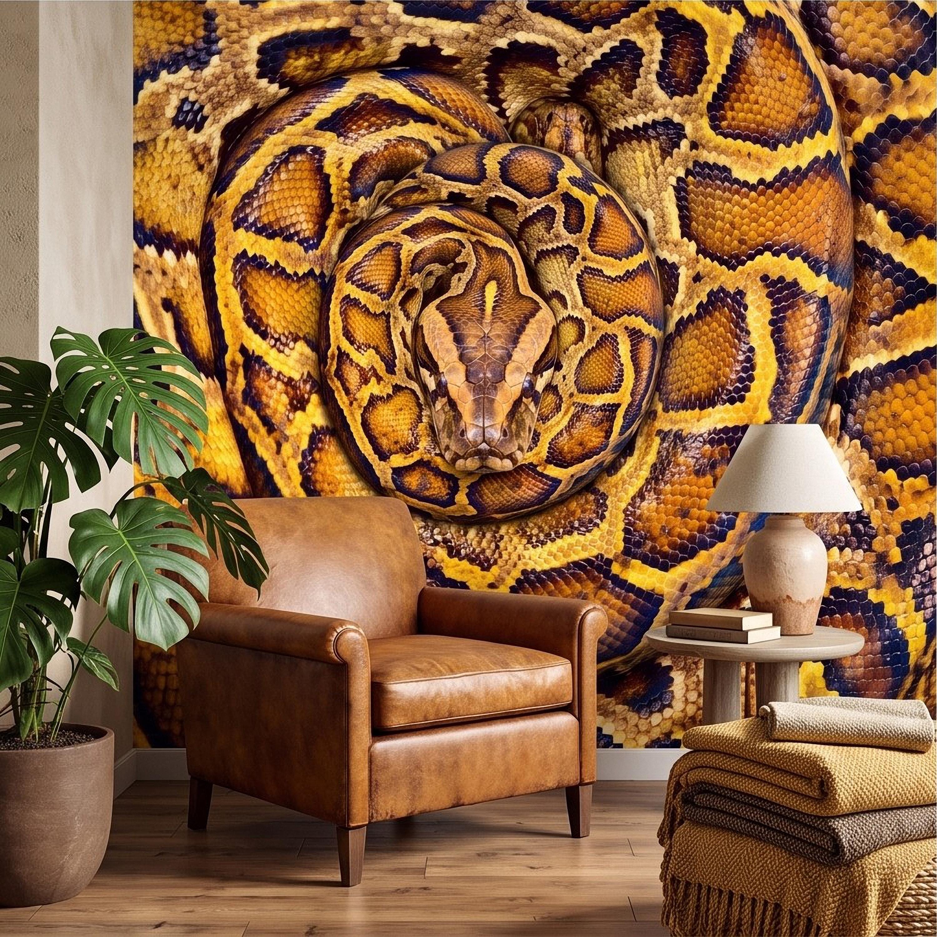 Ball Python Peel and Stick Wall Mural, Coiled Snake Portrait Exotic Reptile Skin Texture Wildlife Wallpaper