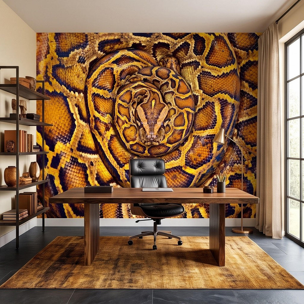 Ball Python Peel and Stick Wall Mural, Coiled Snake Portrait Exotic Reptile Skin Texture Wildlife Wallpaper