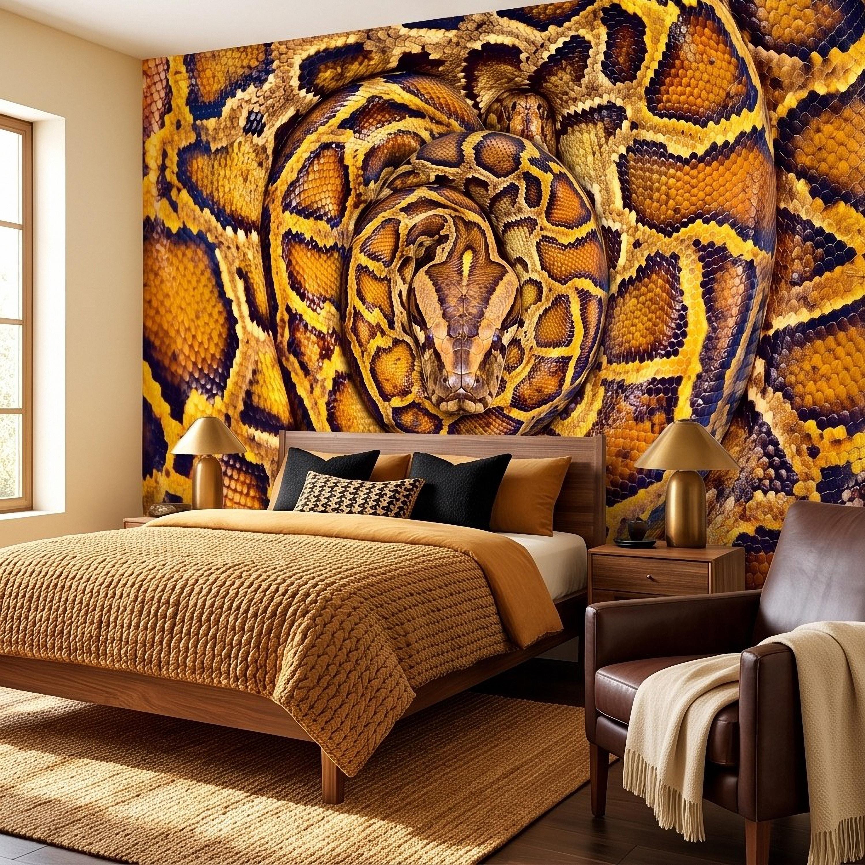 Ball Python Peel and Stick Wall Mural, Coiled Snake Portrait Exotic Reptile Skin Texture Wildlife Wallpaper