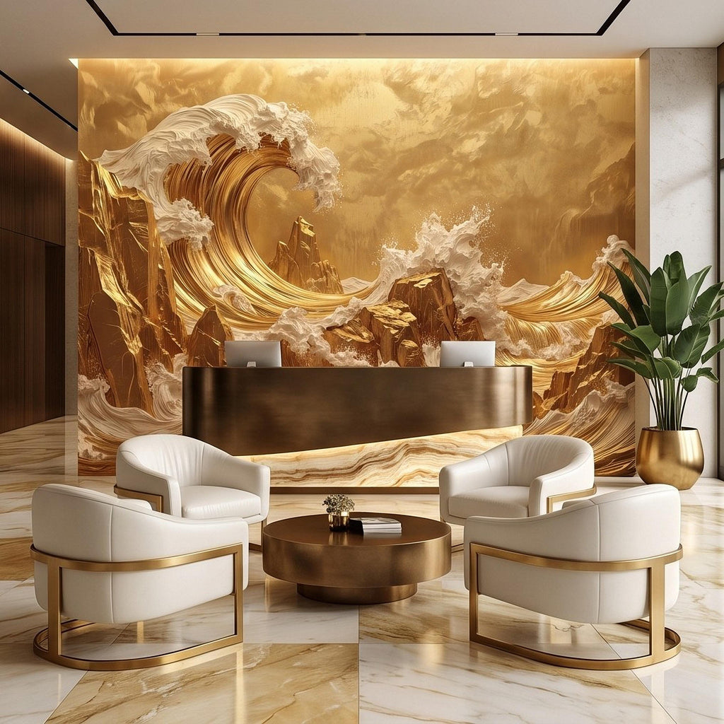 Great Wave Inspired Peel and Stick Wall Mural, Golden Ocean Waves Luxury Abstract Seascape Wallpaper