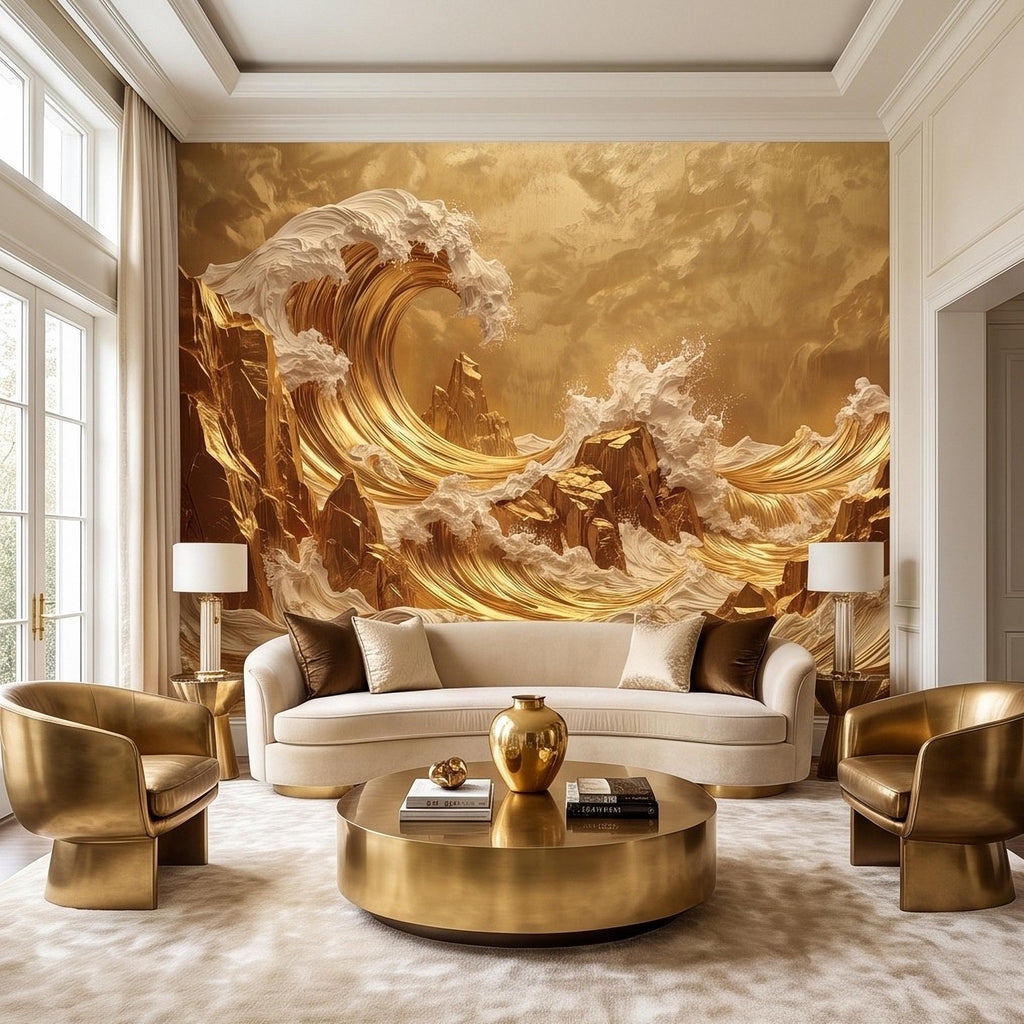 Great Wave Inspired Peel and Stick Wall Mural, Golden Ocean Waves Luxury Abstract Seascape Wallpaper