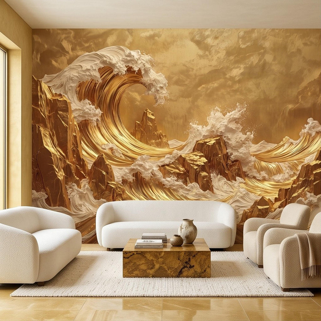 Great Wave Inspired Peel and Stick Wall Mural, Golden Ocean Waves Luxury Abstract Seascape Wallpaper