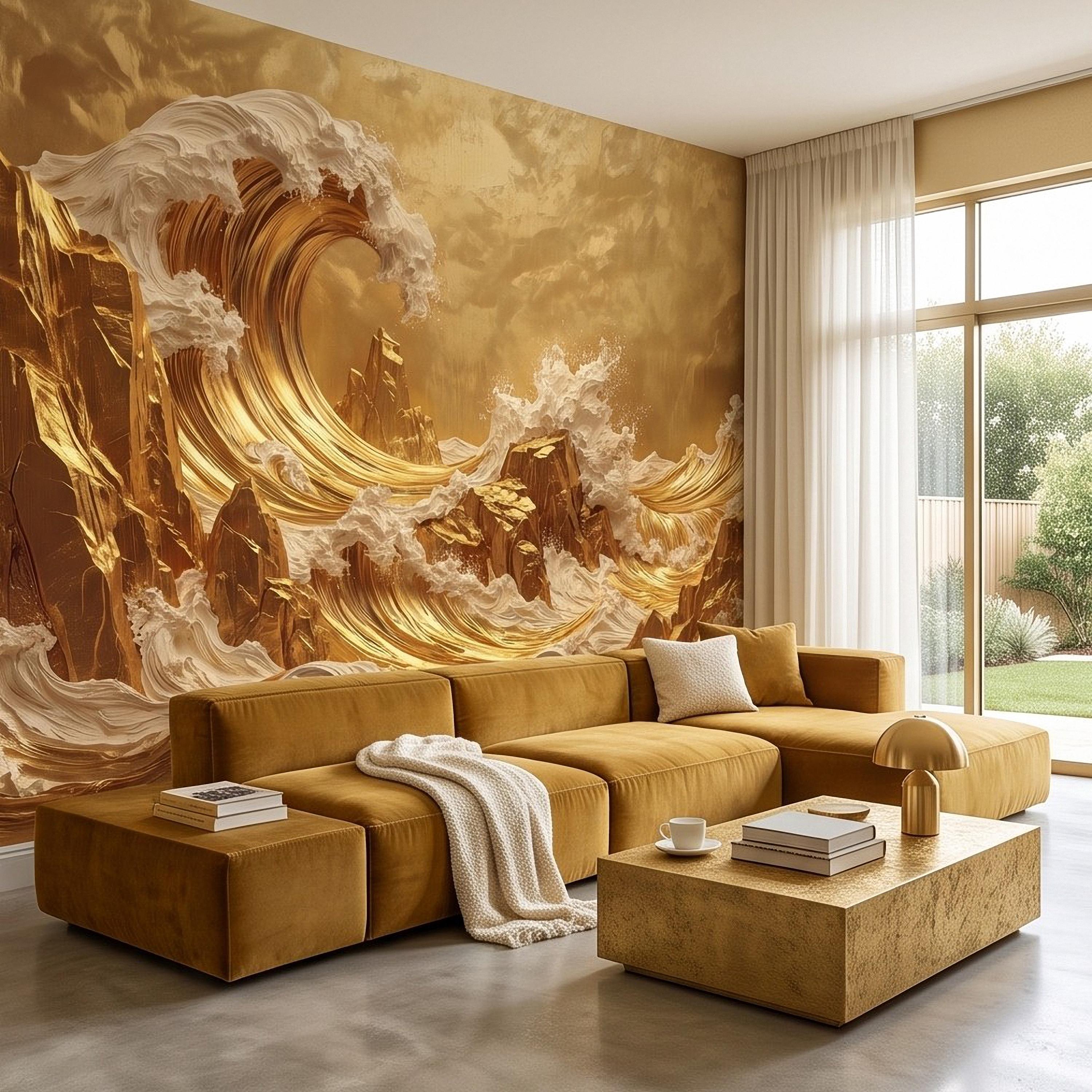 Great Wave Inspired Peel and Stick Wall Mural, Golden Ocean Waves Luxury Abstract Seascape Wallpaper
