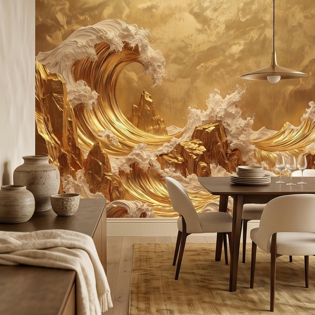 Great Wave Inspired Peel and Stick Wall Mural, Golden Ocean Waves Luxury Abstract Seascape Wallpaper