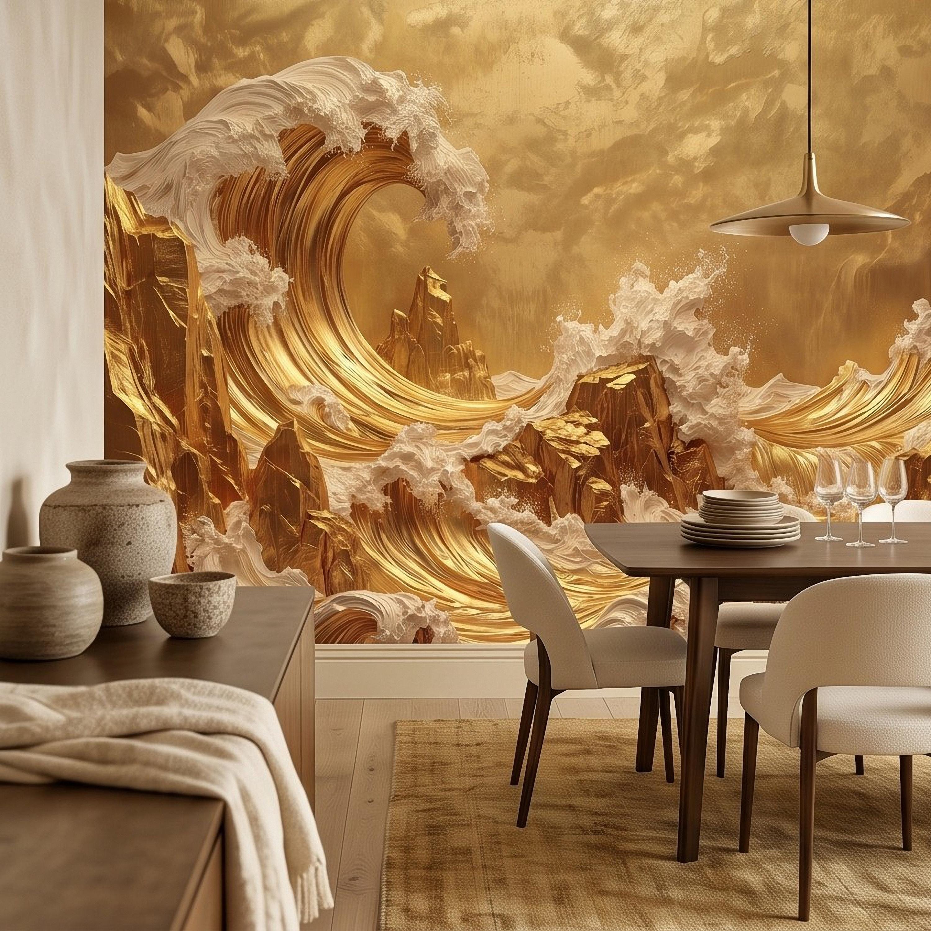 Great Wave Inspired Peel and Stick Wall Mural, Golden Ocean Waves Luxury Abstract Seascape Wallpaper