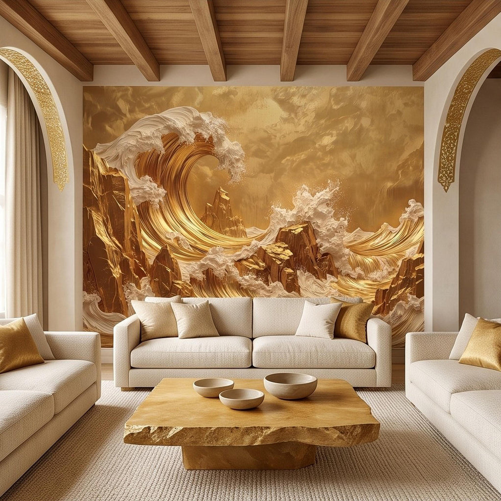 Great Wave Inspired Peel and Stick Wall Mural, Golden Ocean Waves Luxury Abstract Seascape Wallpaper